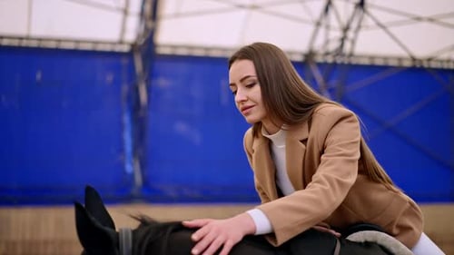 Countryside ranch lifestyle. Pretty lady horse riding.