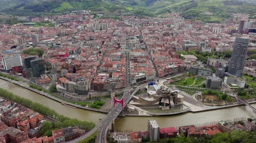 Aerial View of Bilbao Spain Iconic Guggenheim Museum Designed By Frank Gehry and Nervion River