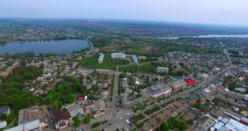 Little provincial city of Ukraine. Small pond and historical palaces in the centre.
