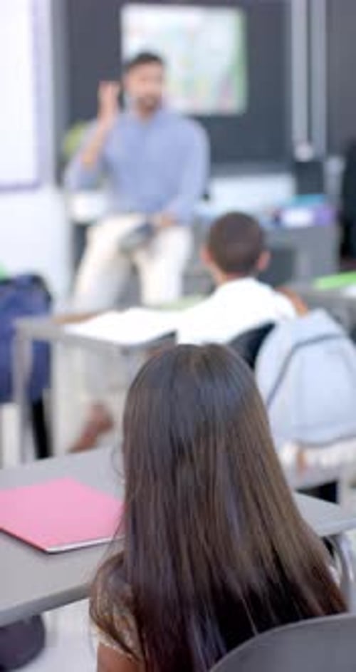 Vertical video: In school, young biracial female student is raising her hand