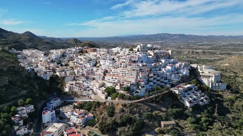 Mojacar White Village on Top of a Hill in Almeria, Andalusia, Spain - Aerial 4k Circling