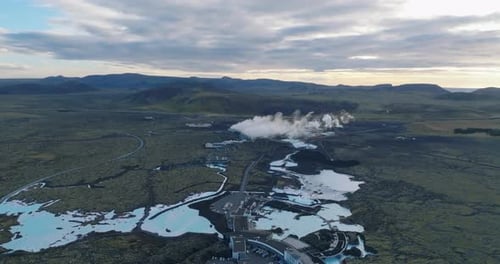 aerial view of blue lagoon geothermal hot baths in iceland