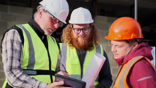 Tecnología y trabajo en equipo, hombre, ingeniero, obrero de construcción y arquitecto que trabaja con tableta