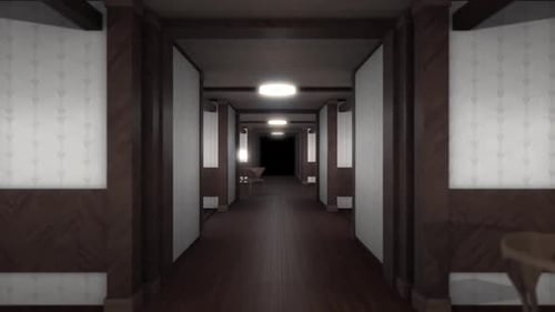 Dimly Lit Hallway with Wooden Floors and Circular Lights
