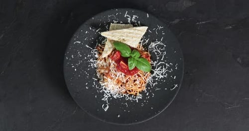 Spaghetti with Tomato Sauce, Basil, and Bread