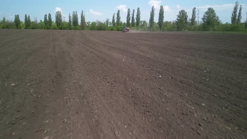 Blue Tractor arbeitet auf dem Feld und pflanzt Sonnenblumen in der Ukraine