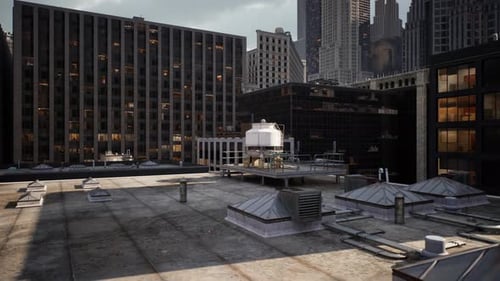 Un horizonte de la ciudad con un edificio prominente en primer plano