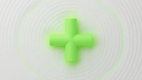 Grünes 3D-Pluszeichen auf einer weiß gesprenkelten Oberfläche mit radialen Mustern
