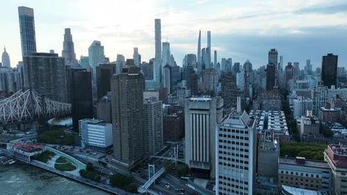 Midtown Manhattan At Sunset In New York City - Aerial Drone Shot