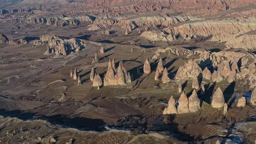 Aerial view of fairy chimneys in Cappadocia, Turkiye.