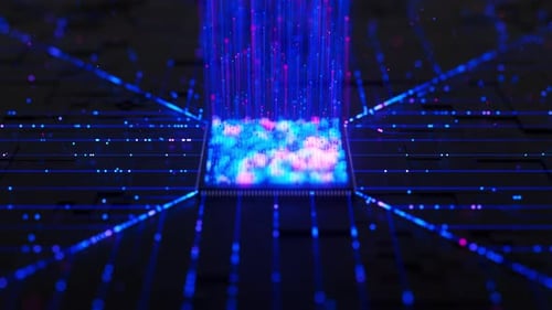 Rotation rund um die zentrale Mikrochip-Datenverarbeitungseinheit auf einer Leiterplatte mit künstlicher Intelligenz