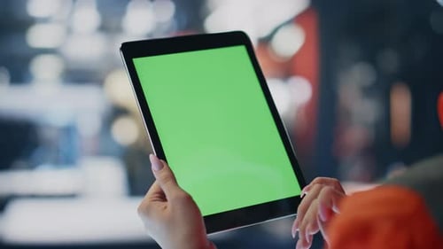 Techniker mit Chroma-Key-Tablet analysiert Produktionsdaten aus nächster Nähe