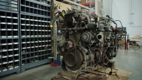 Ein Motor aus einem Sattelschlepper in einer Werkstatt, Kameraaufnahme