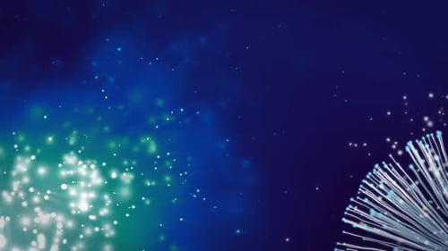 Animation of explosion of light trails over glowing spots on blue and green background