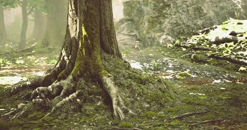 Ancient Tree Roots in a Sunlit Majestic Forest