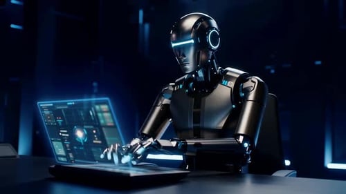 AI Humanoid Robot Typing on Computer in Dark Tech Lab