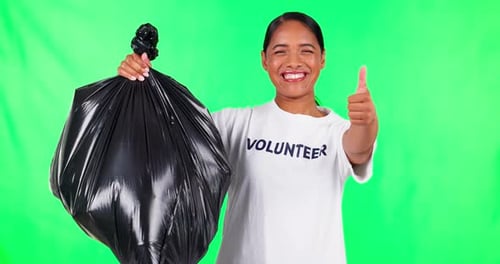 Cleaning, volunteer and woman on green screen for waste trash, pollution