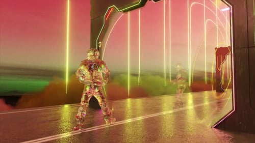Astronaut is Running Down the Space Highway When He Runs Through the Gate Turns Into a Diamond Neon