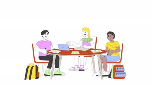 Flat Design Students Collaborating at a Table Animation