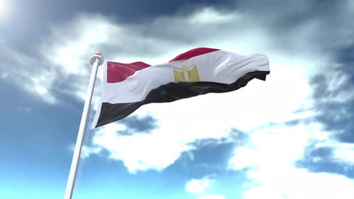 Waving Egypt Flag in Slow Motion Against Cloudy Sky