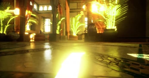 Elegant Moroccan Interior with Glowing Plants and Golden Light Rays