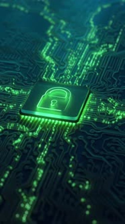 Digitales Sicherheitshologramm des virtuellen Schlosssymbols auf der Leiterplatte, Konzept des Finanzdatenschutzes und