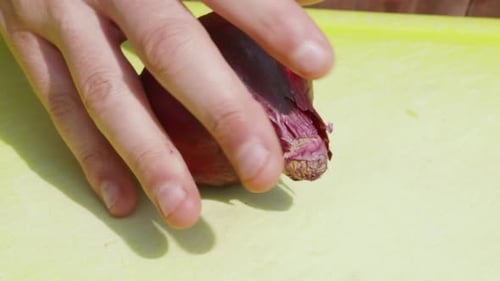Red Onion Being Cut on Cutting Board