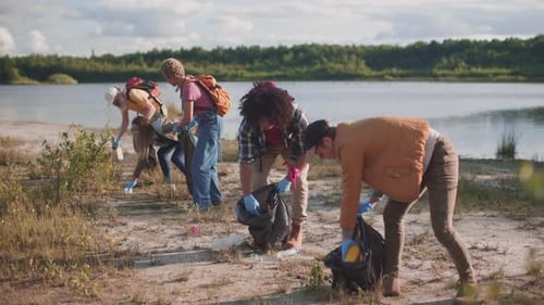 group of volunteers clean the area of a park by collecting plastic rubbish