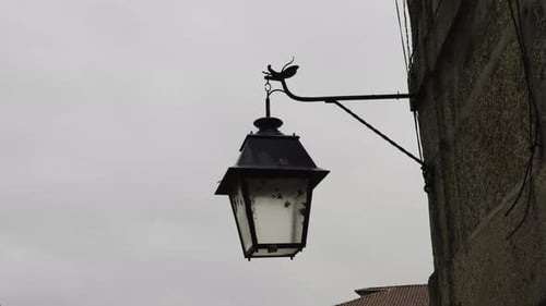 Old style lantern with bugs inside hangs off thin metal frame from stone wall