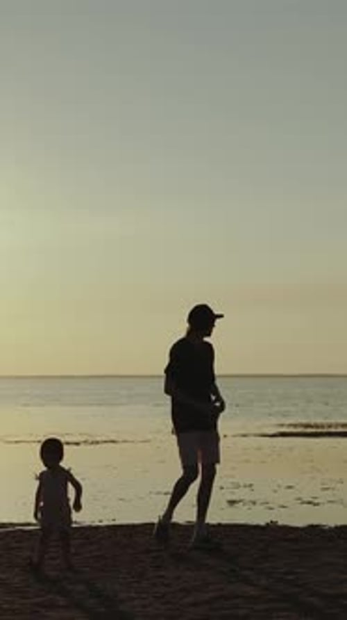 Vertical Video A Beautiful Silhouette of a Loving Parent and Child Walking on a Sandy Beach at
