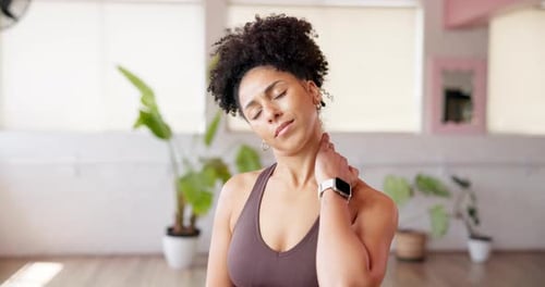 Fitness, ache and woman with neck pain in studio from workout accident, inflammation or strain
