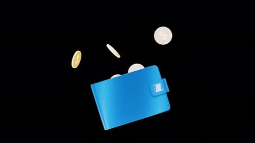 Coins fly out of the wallet. Animation on a transparent background. Credit. Receiving the money. Pay