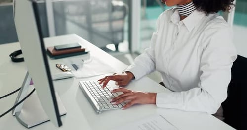 Computer, typing and hands of business woman for administration, office management and planning