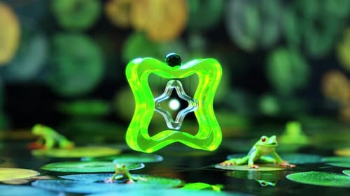 3D Rendering of Ball Rolling on Green Gear Floating Over Pond