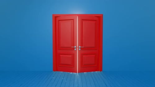 Modern Red Double Doors Open to Bright White Light