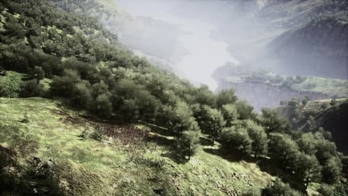 Scenic Countryside Landscape with Green Summer Mountain Valley and Forests