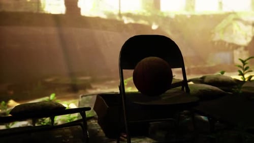 An Old Basketball Resting on a Forgotten Chair in an Abandoned Gymnasium