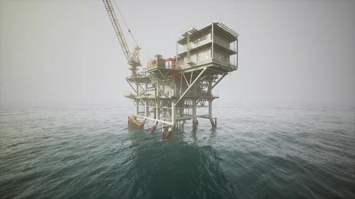 Old Oil Platform Standing in Calm Waters on a Foggy Day at Sea