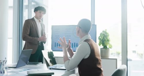 Feedback, presentation or man in meeting, financial agency or chart for company profit