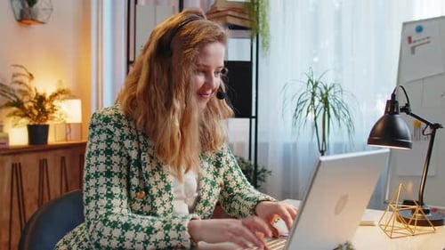 Businesswoman Wearing Headset Freelance Worker Call Center or Support Service Operator Helpline