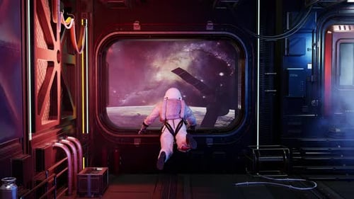 Astronaut Floating, Looking at Galaxy From Spacecraft