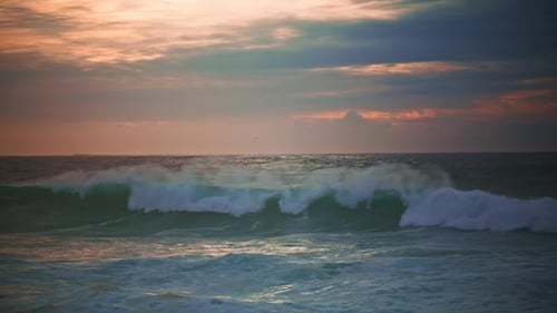Waves Rolling Evening Seascape Before Storm. Beautiful Endless Ocean in Evening. Powerful