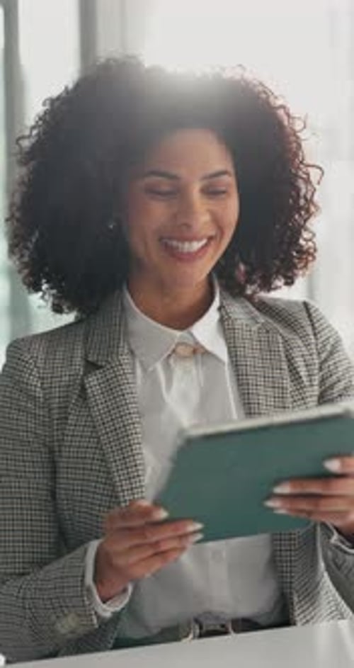 Scroll, tablet and smile with business woman in office for article research