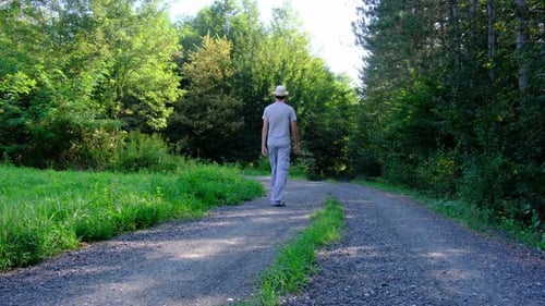 Man Walking Along a Rural Dirt Road Surrounded By Fields