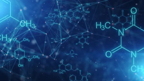 Animated Chemical Structures and Plexus Network on Blue Background