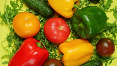 Set of various vegetables flat lay, 360 degrees rotation