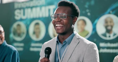 Stage, summit and speaker with smile, man and explaining of research of climate change in world