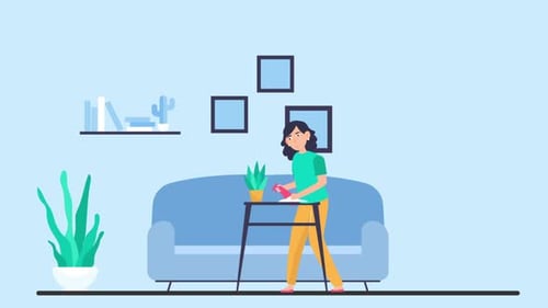 Flat Design Animation of Woman Watering Houseplant