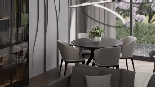 House interior design detail, modern clean living room, dining table close-up shot