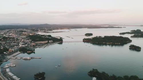 Matsushima Bay With Fukuurabashi Bridge In Miyagi, Japan At Sunset. aerial